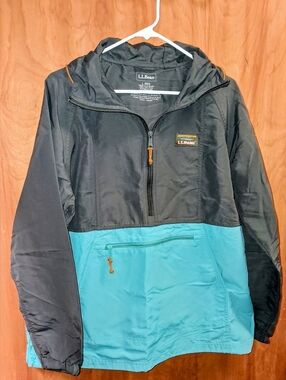 L.L. Bean Black and Teal Pullover Hooded Windbreaker Rain Jacket